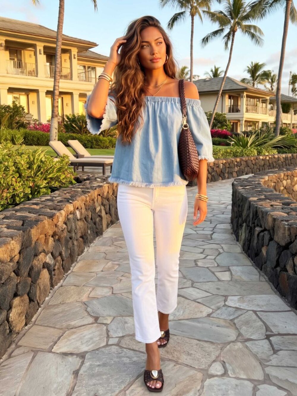 J.O.A. Off the Shoulder Frayed Denim Top Women's Size M Light Wash RARE Boho EUC - Picture 5 of 13